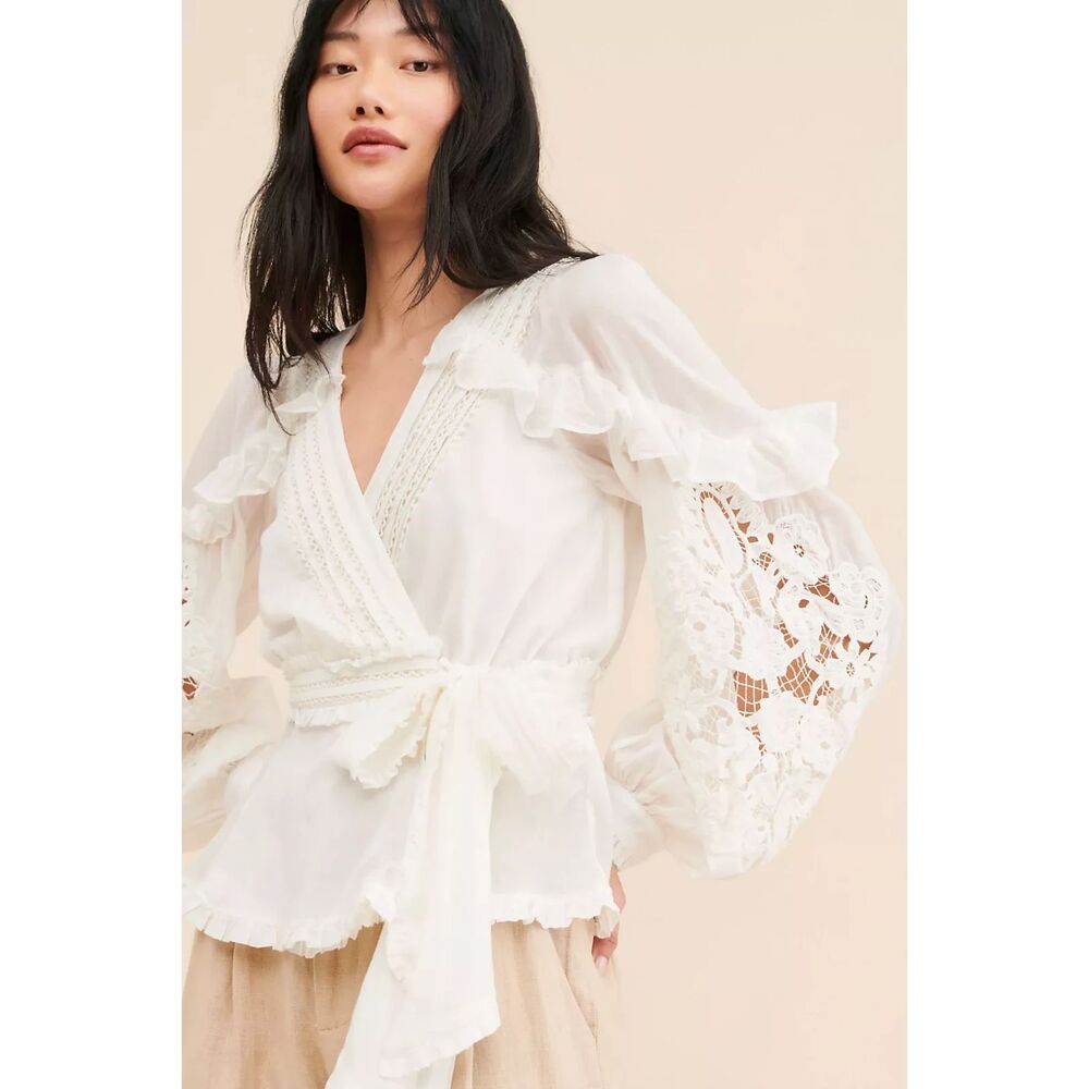 FARM RIO Wrap Tie Waist Ruffled Top White Medium